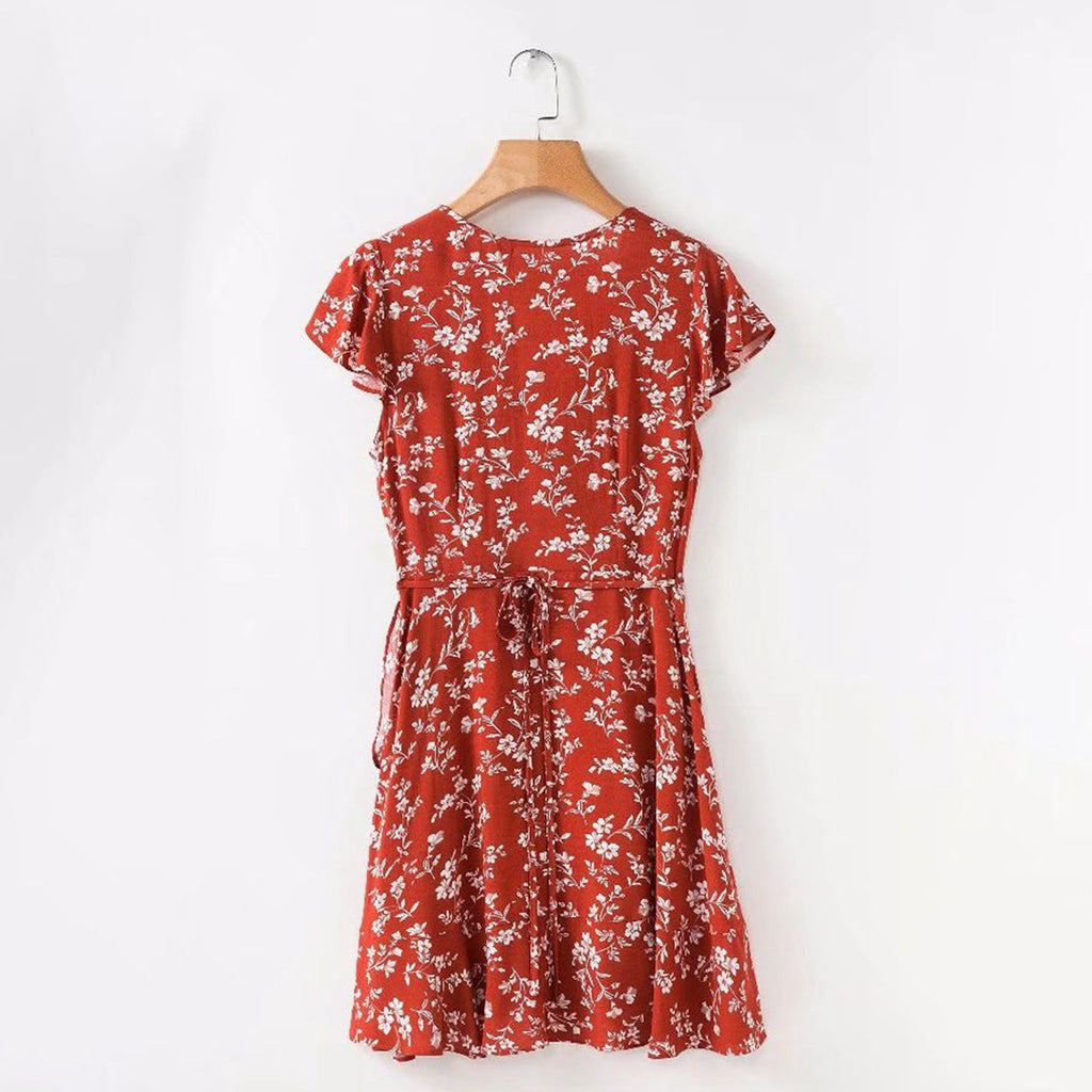 V-neck Tropical Print Ruffle Dress