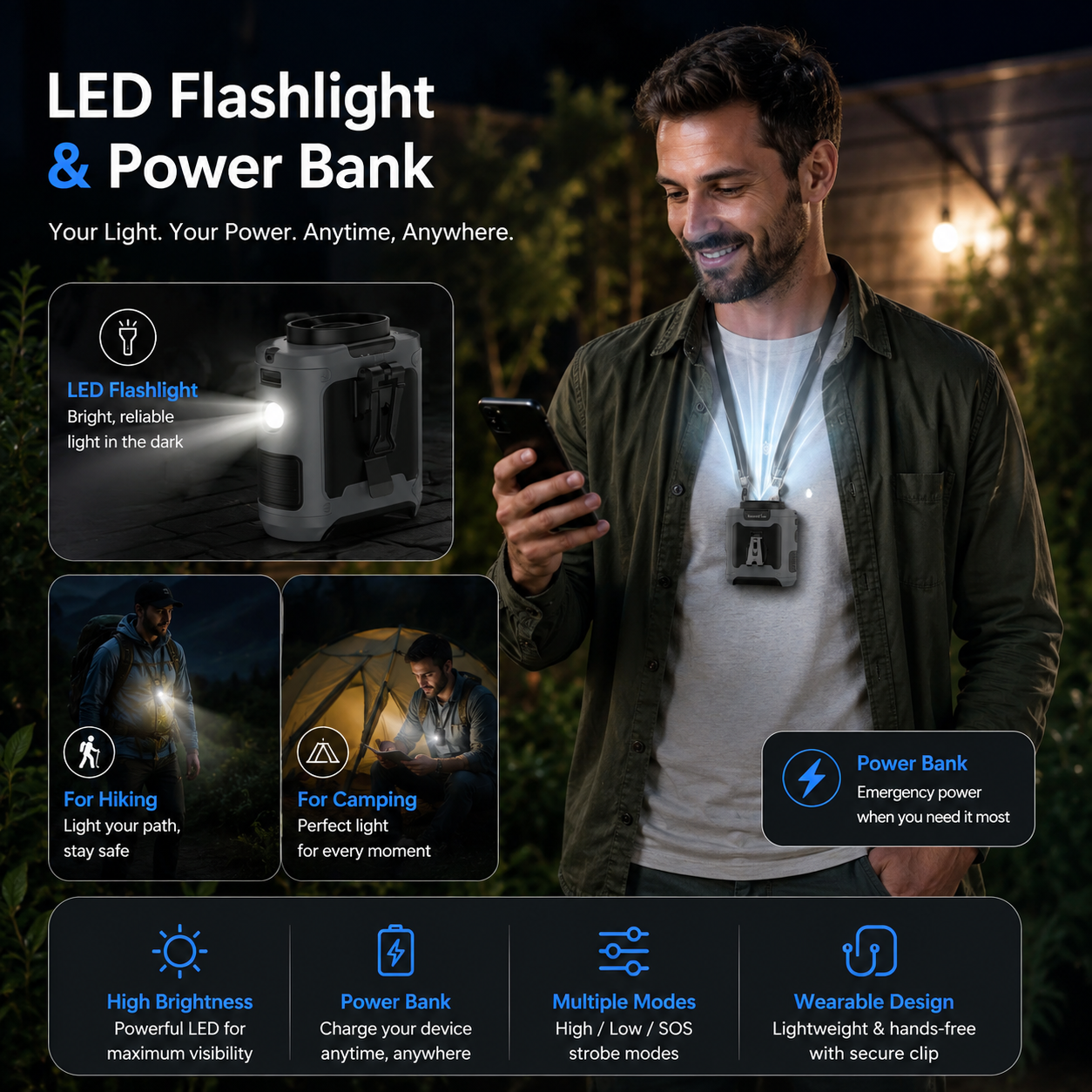 Delauna® 3-in-1 Waist Fan with Flashlight & Powerbank